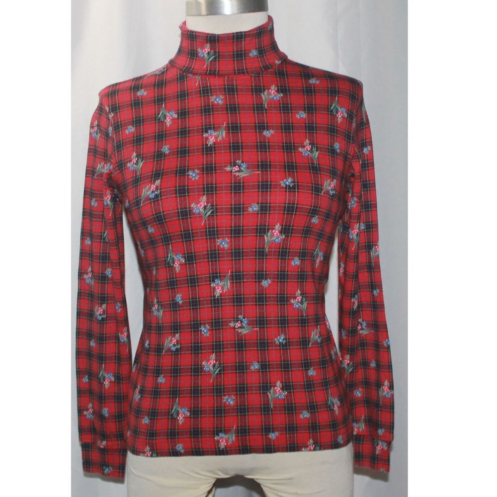 Vintage Classic Elements Red Plaid w/ Red & Blue Flowers Turtleneck Size XS 4P